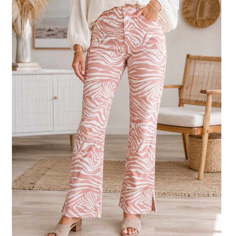 We The Free Free People Zebra Marble Print Flare Split Hem Pants Neutral 32S NEW